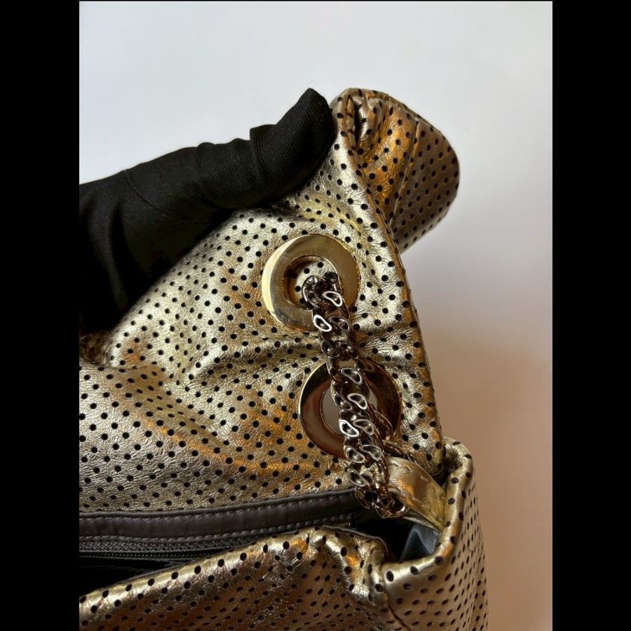 Chanel 銀鍊金色洞洞皮革方釦口蓋包 2.55-20