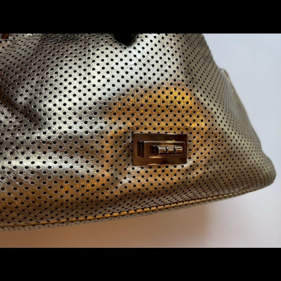 Chanel 銀鍊金色洞洞皮革方釦口蓋包 2.55-23