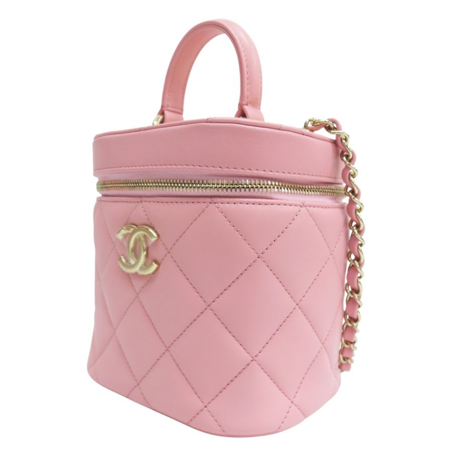 粉色 菱格紋 羊皮 Vanity Case 化妝箱 肩背包 金釦【CHANEL 香奈兒】 AS1626-2