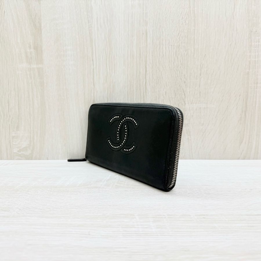 CHANEL皮夾黑色羊皮雙C鉚釘拉鍊長夾/A80336-2