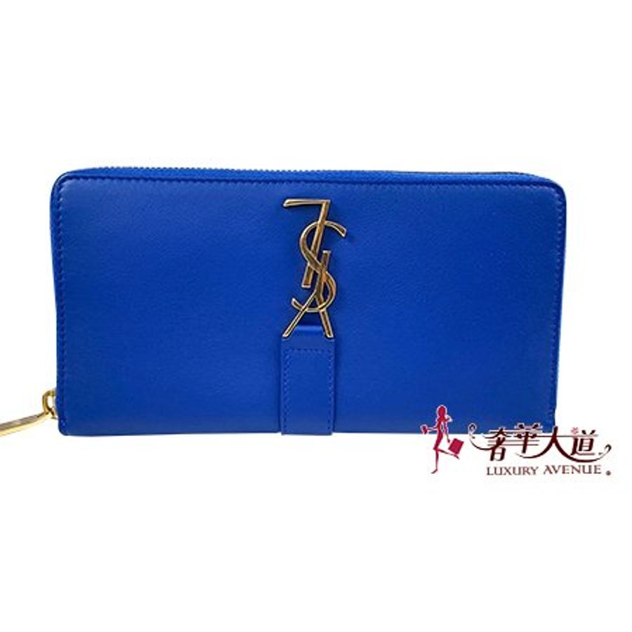 *奢華大道國際精品*【Y099】YSL 藍色牛皮經典LOGOㄇ字拉鍊長夾 414570-0