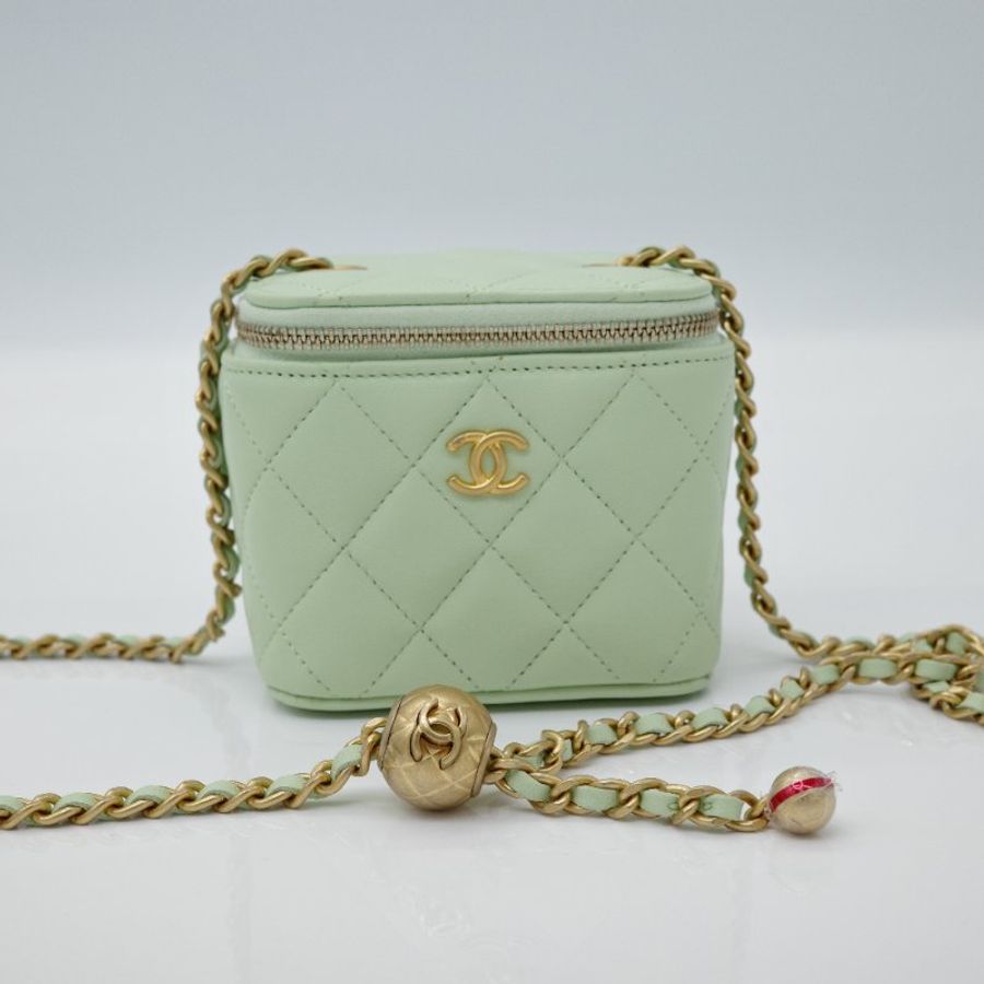 Chanel 香奈兒 金球小盒子 羊皮 小金球 調節扣 酪梨綠 方形小盒子 鏈條包 單肩包 斜背包-1