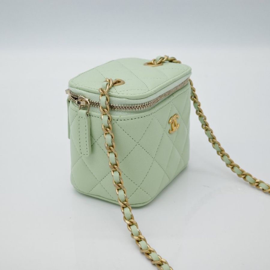 Chanel 香奈兒 金球小盒子 羊皮 小金球 調節扣 酪梨綠 方形小盒子 鏈條包 單肩包 斜背包-3