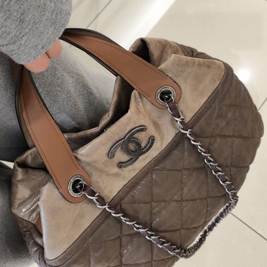 CHANEL 香奈兒 美拉德色系 咖色拼牛皮手提包 肩背包 托特包 媽媽包-0
