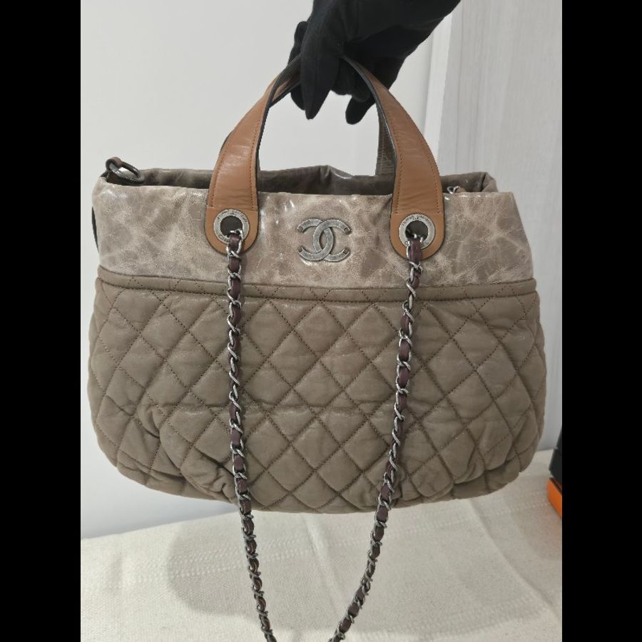 CHANEL 香奈兒 美拉德色系 咖色拼牛皮手提包 肩背包 托特包 媽媽包-6