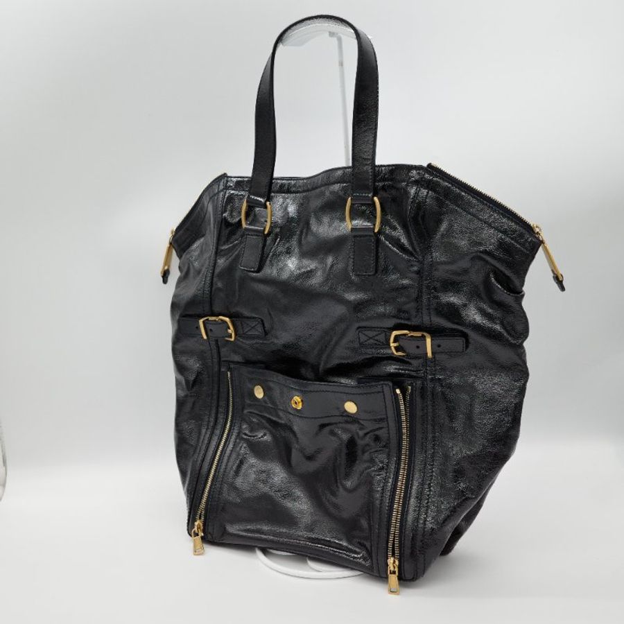 Saint Laurent 聖羅蘭 Downtown 黑色漆皮 拉鍊造型 復古 手提包 單肩包 托特包 旅行包-1