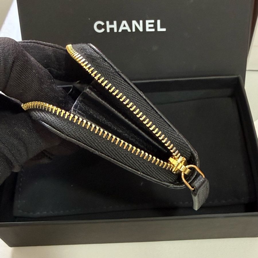 chanel 黑色山羊皮菱格紋 拉鍊零錢包 卡包-3