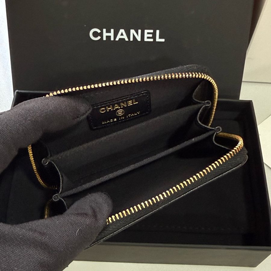 chanel 黑色山羊皮菱格紋 拉鍊零錢包 卡包-4