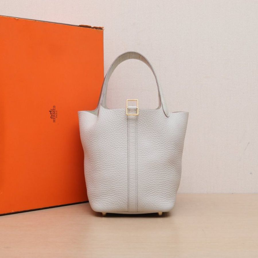 HERMES Picotin菜籃子18Touch8L冰川白TC皮/正方塊鱷魚皮B刻金扣肩背包-0
