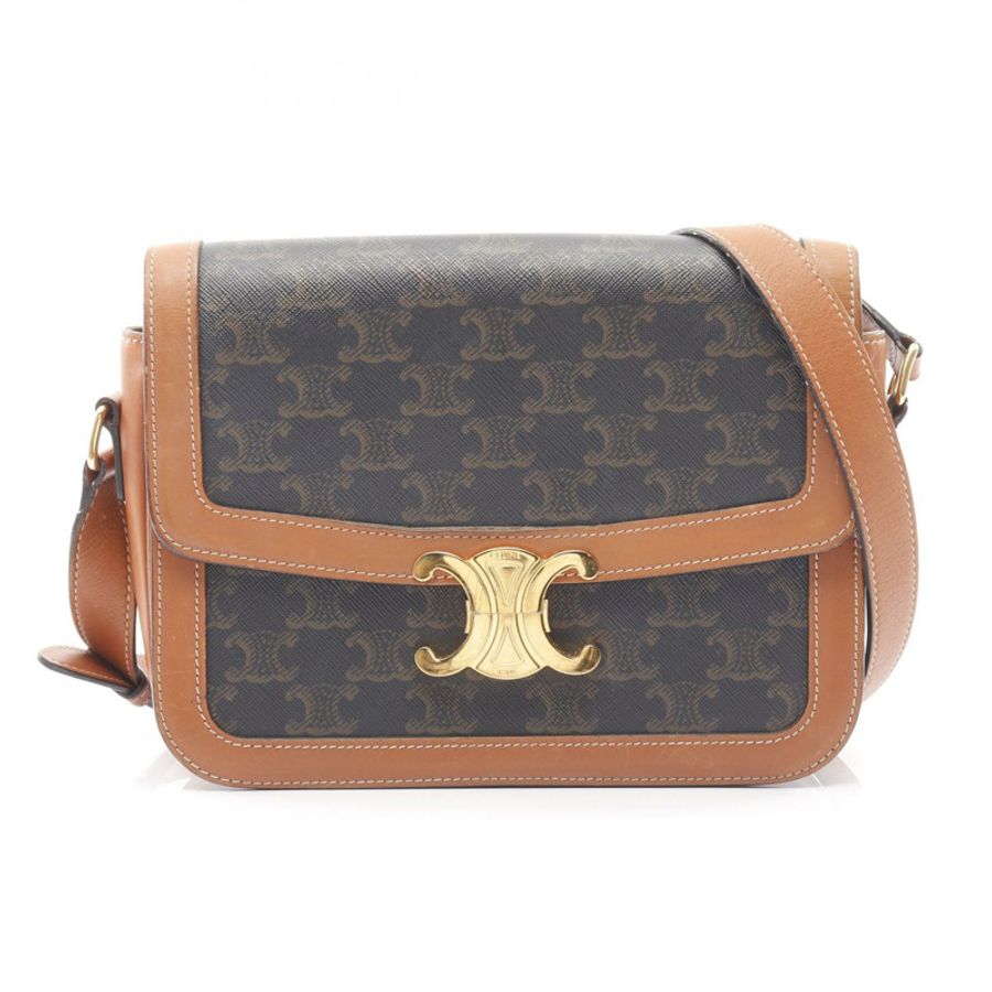 CELINE 經典 Triomphe 肩挎包 191242 帆布皮革棕色 二手-0