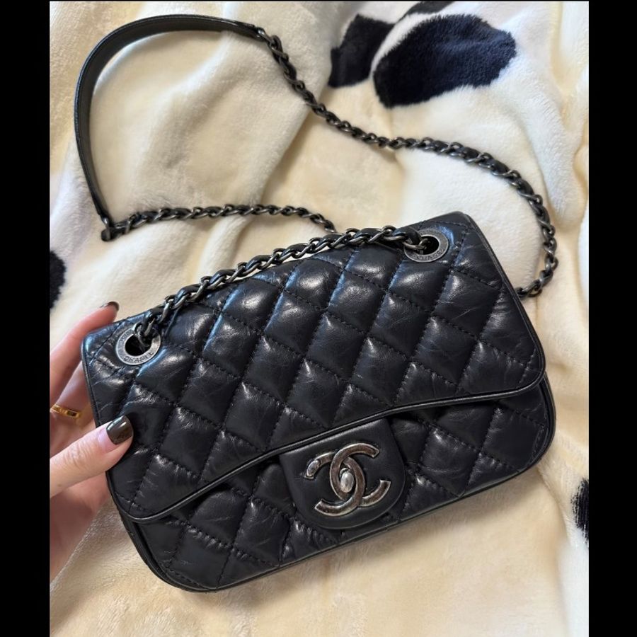 Chanel香奈兒 黑銀做舊 油蠟牛皮 mini flap easy coco cf-2