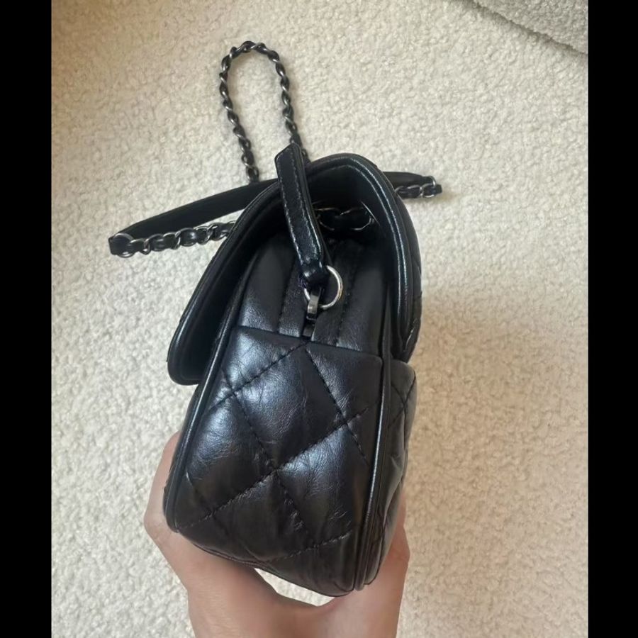 Chanel香奈兒 黑銀做舊 油蠟牛皮 mini flap easy coco cf-12