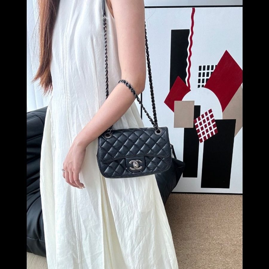 Chanel香奈兒 黑銀做舊 油蠟牛皮 mini flap easy coco cf-13