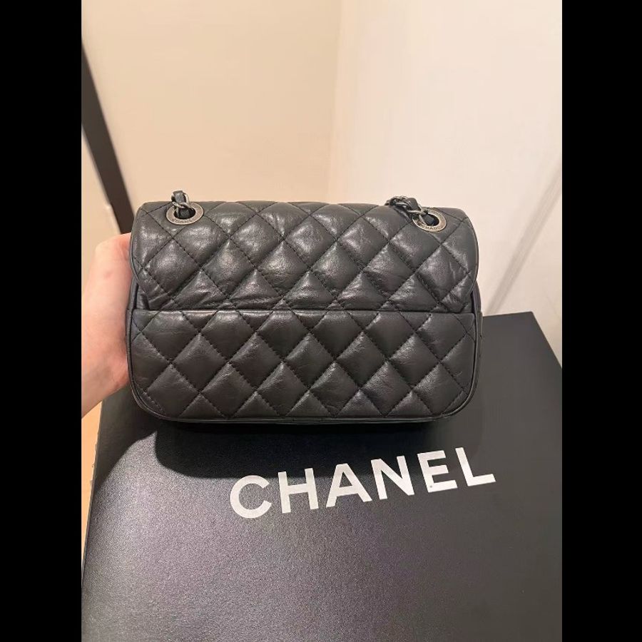 Chanel香奈兒 黑銀做舊 油蠟牛皮 mini flap easy coco cf-21
