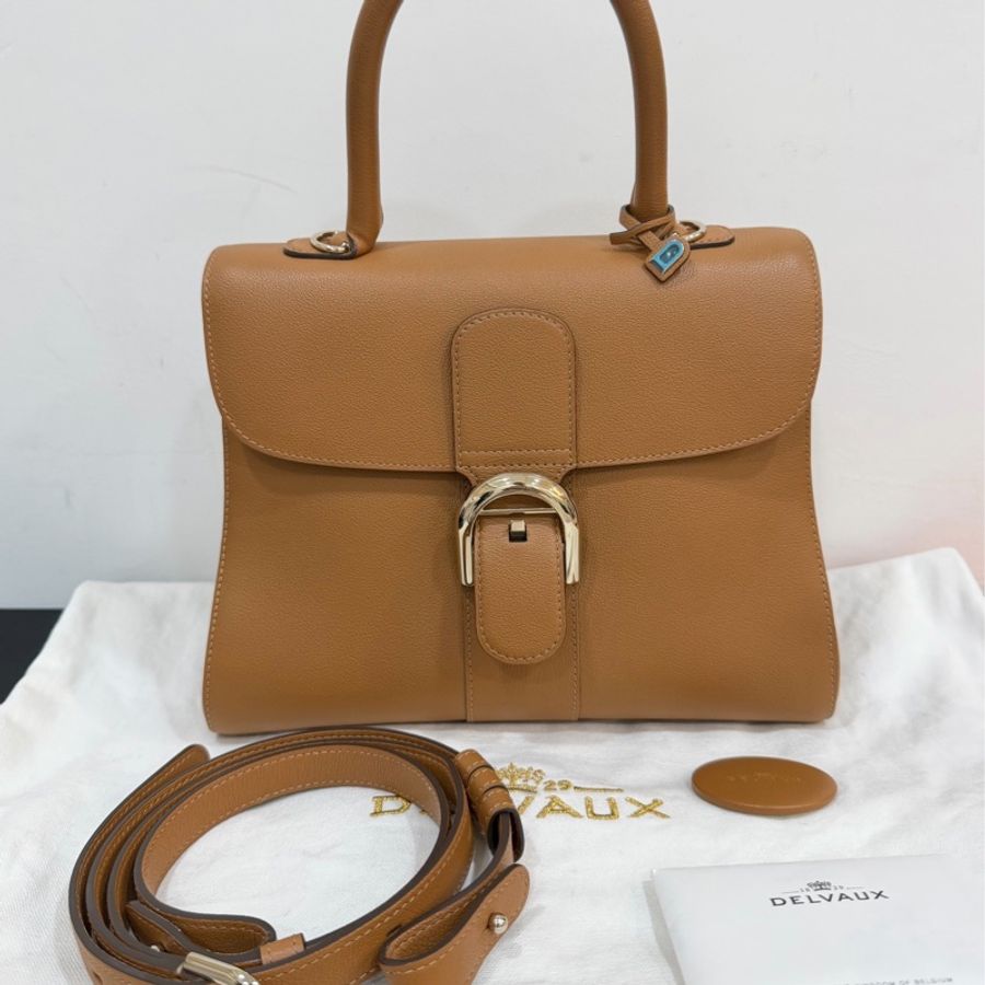 Delvaux 牛皮皮革Brillant MM 金扣 金棕色 手提包 肩背包 側背包 斜背包-10