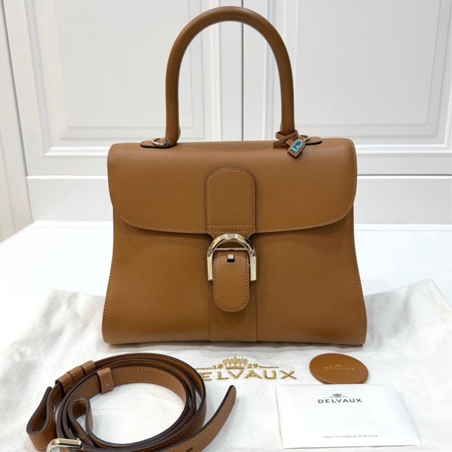 Delvaux 牛皮皮革Brillant MM 金扣 金棕色 手提包 肩背包 側背包 斜背包-23