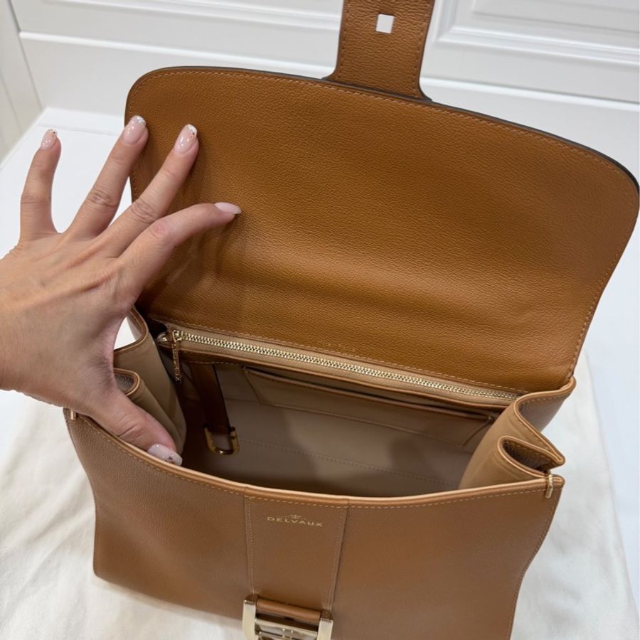 Delvaux 牛皮皮革Brillant MM 金扣 金棕色 手提包 肩背包 側背包 斜背包-31