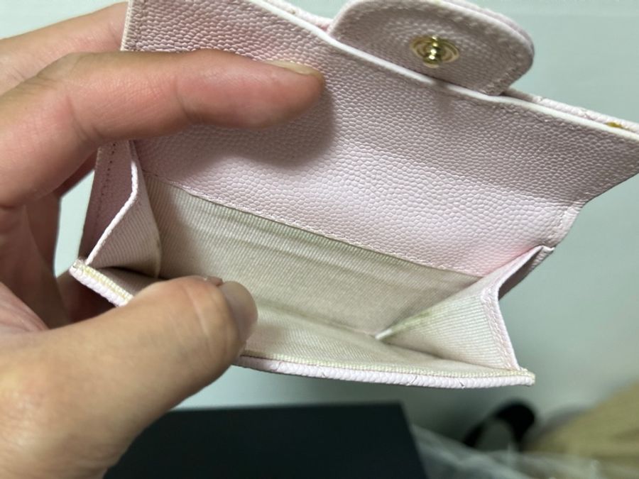 香奈兒Chanel CF櫻花粉金扣荔枝皮防刮三折短夾-5