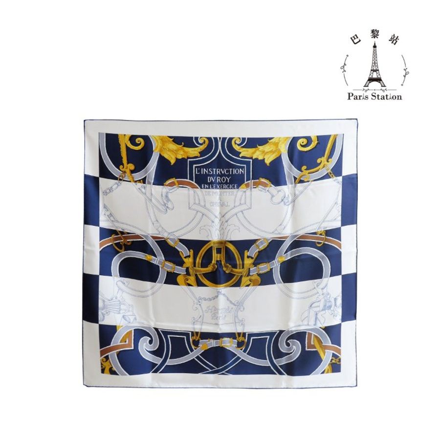 【巴黎站二手名牌專賣店】*現貨*HERMES 愛馬仕 真品*白底藍色國王騎馬指導圖案絲巾90x90-0
