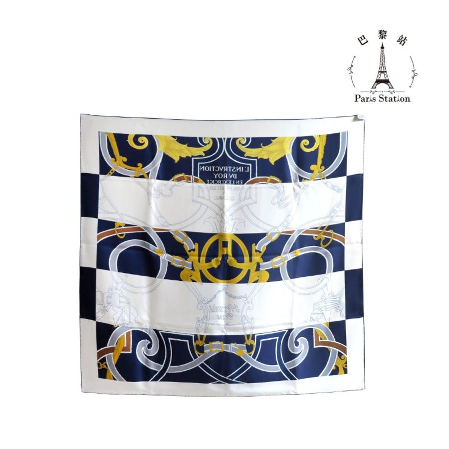 【巴黎站二手名牌專賣店】*現貨*HERMES 愛馬仕 真品*白底藍色國王騎馬指導圖案絲巾90x90-3