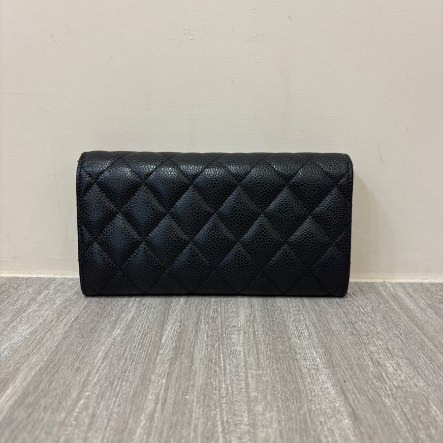 Chanel 黑銀荔枝皮長夾-1