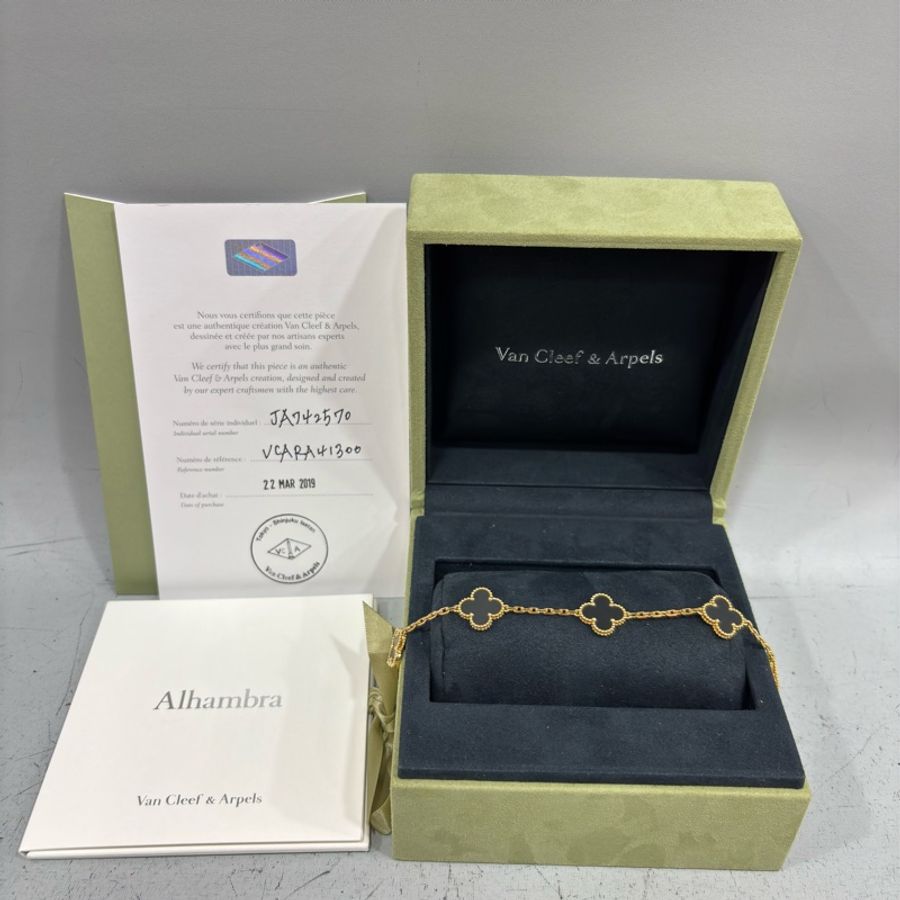 VCA Van Cleef & Arpels alhambra 梵克雅寶 四葉草幸運草 750黃K金 黑瑪瑙 5花 手鍊-0