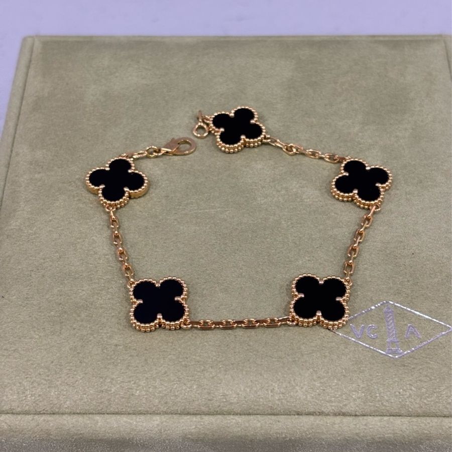 VCA Van Cleef & Arpels alhambra 梵克雅寶 四葉草幸運草 750黃K金 黑瑪瑙 5花 手鍊-3