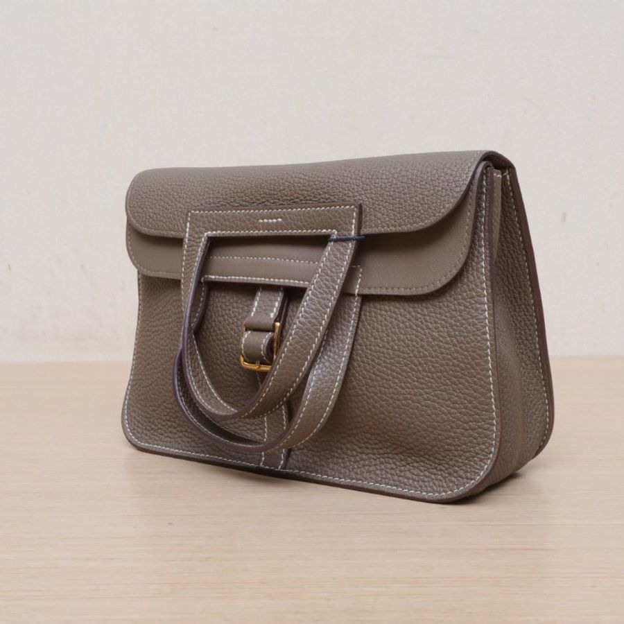 HERMES Halzan25雙提手單肩包18大象灰TC皮Y刻金扣肩背包-4