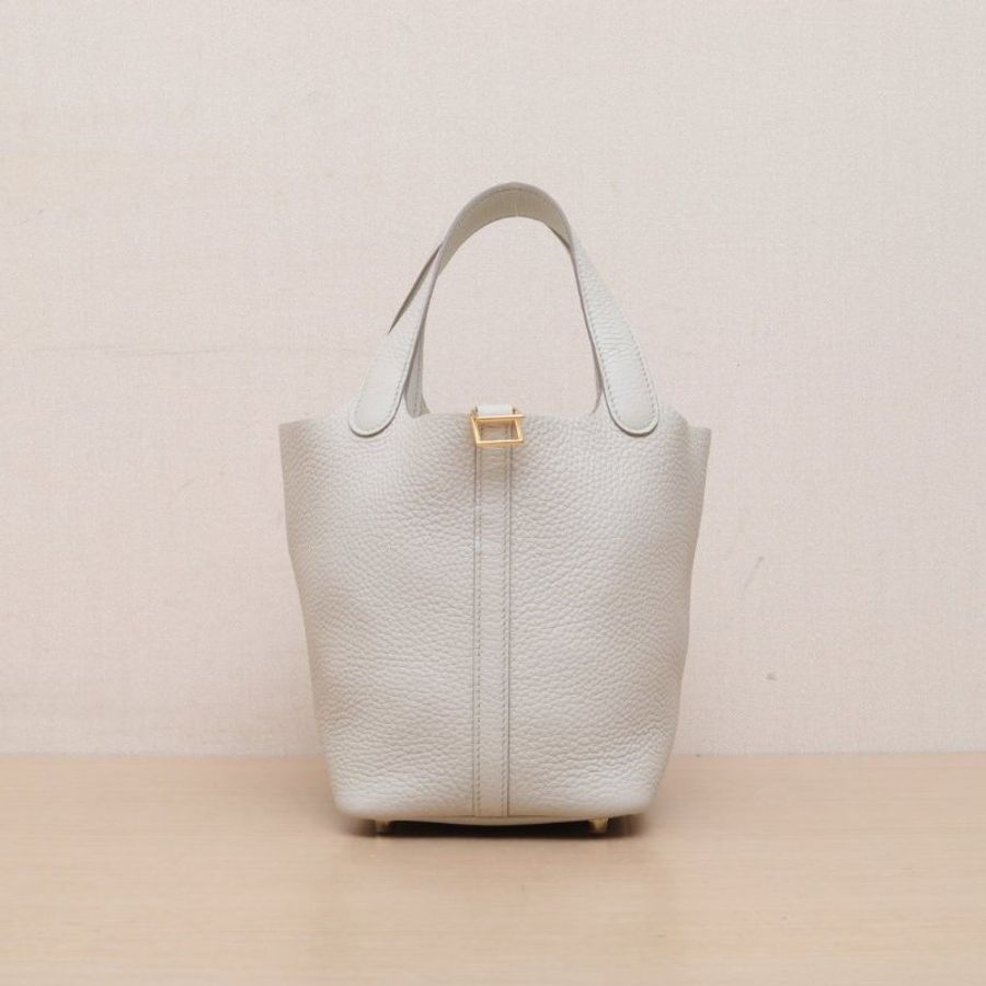 HERMES Picotin18菜籃子8L冰川白TC皮B刻金扣肩背包-1