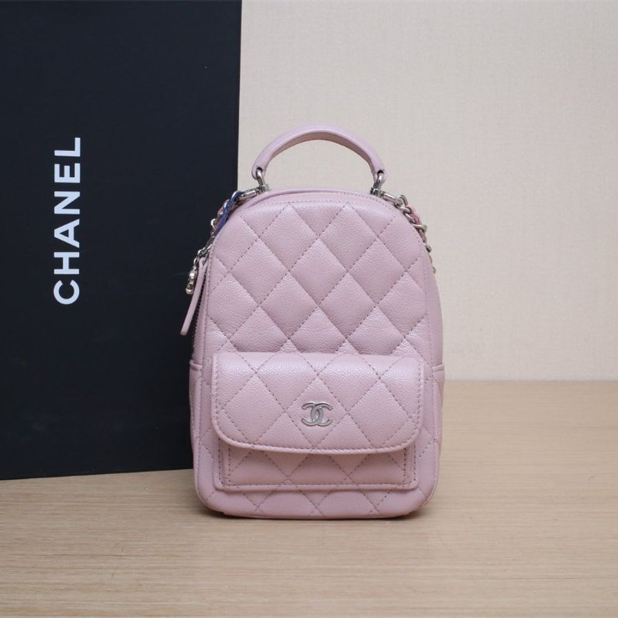 CHANEL 手提前口袋雙肩包13粉色荔枝牛皮鐳射標銀扣24C肩背包-0