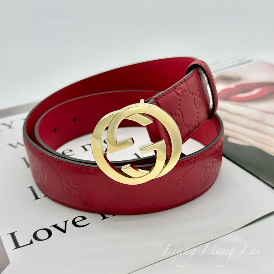 GUCCI 經典 GG Guccissima 壓紋金扣紅色皮帶-0