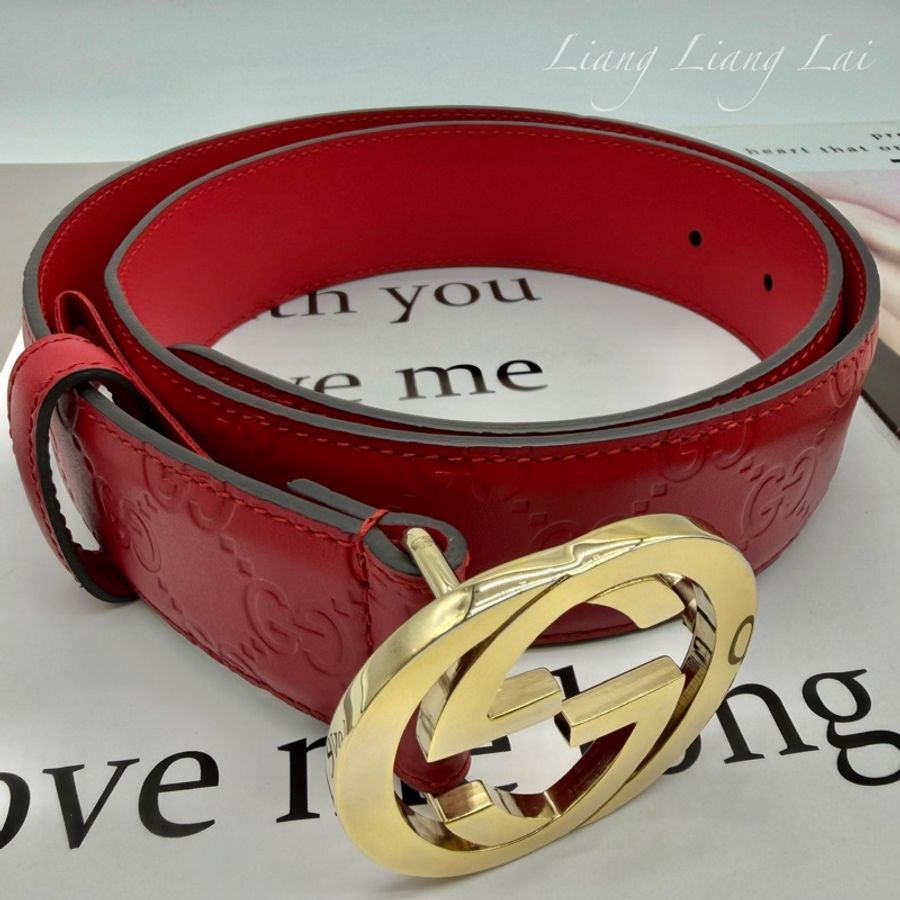 GUCCI 經典 GG Guccissima 壓紋金扣紅色皮帶-5