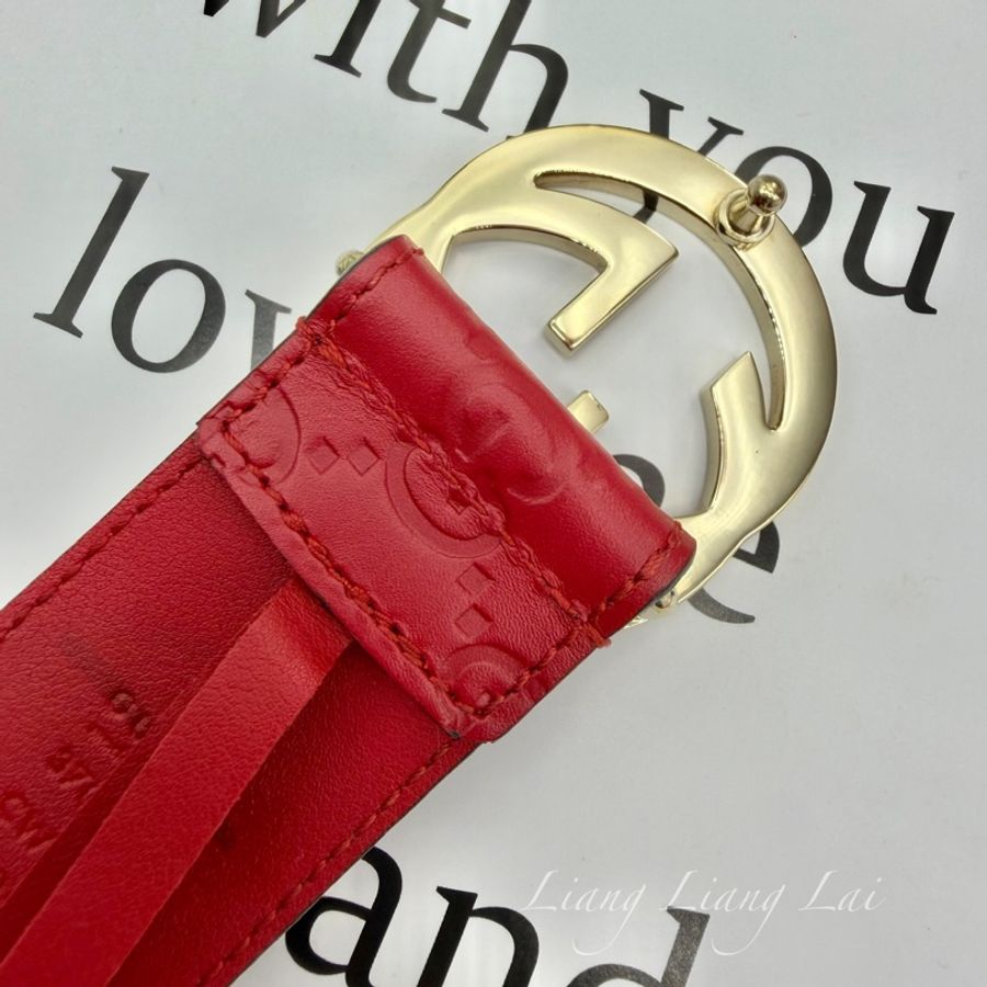 GUCCI 經典 GG Guccissima 壓紋金扣紅色皮帶-10