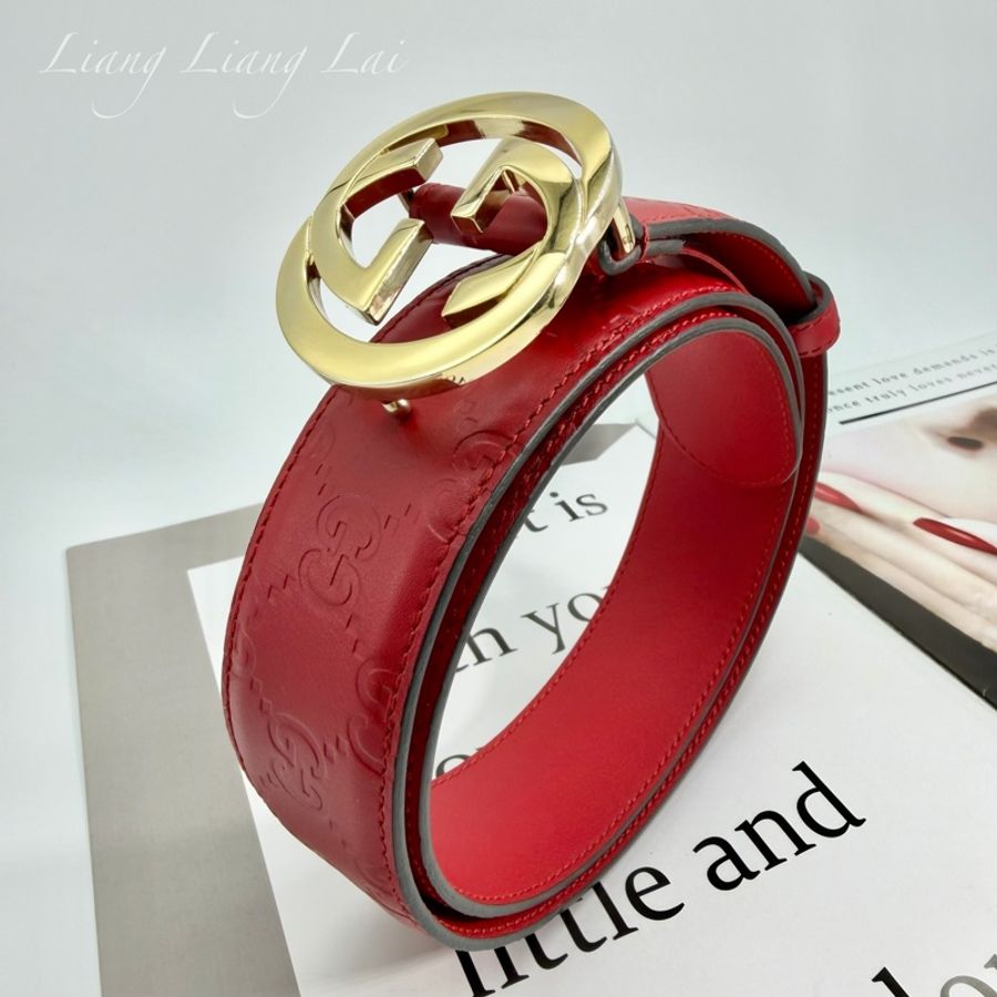 GUCCI 經典 GG Guccissima 壓紋金扣紅色皮帶-17