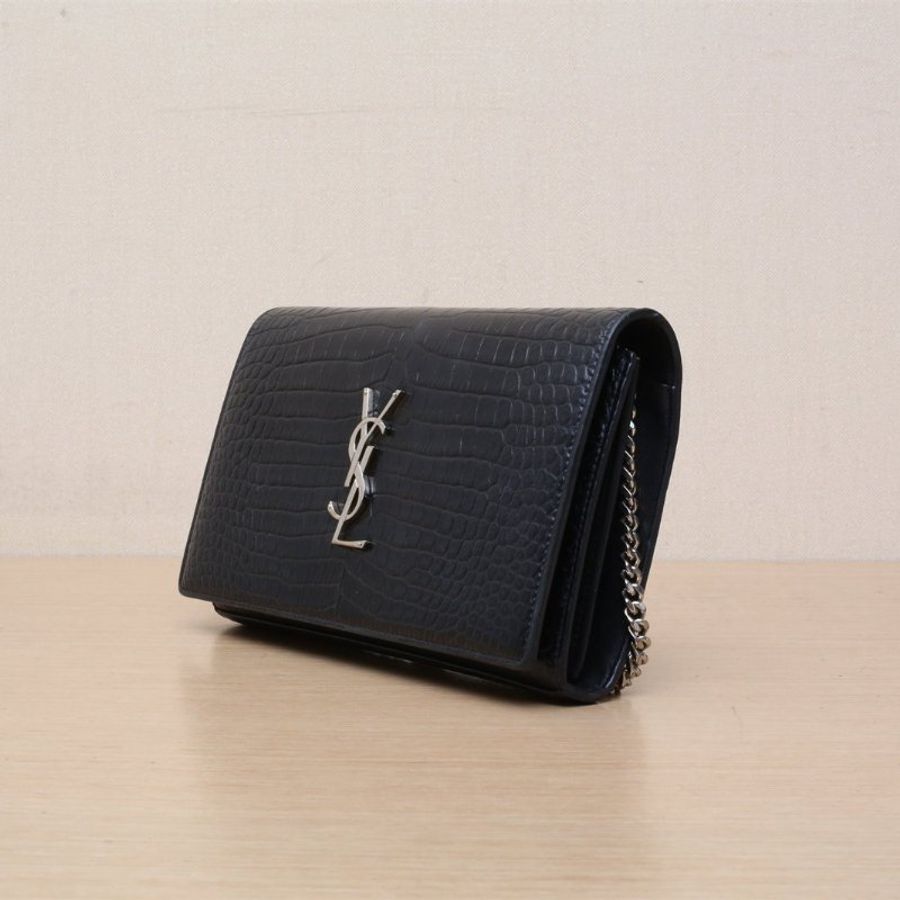 SAINT LAURENT KATE22鱷魚壓紋黑色牛皮銀扣肩背包-3