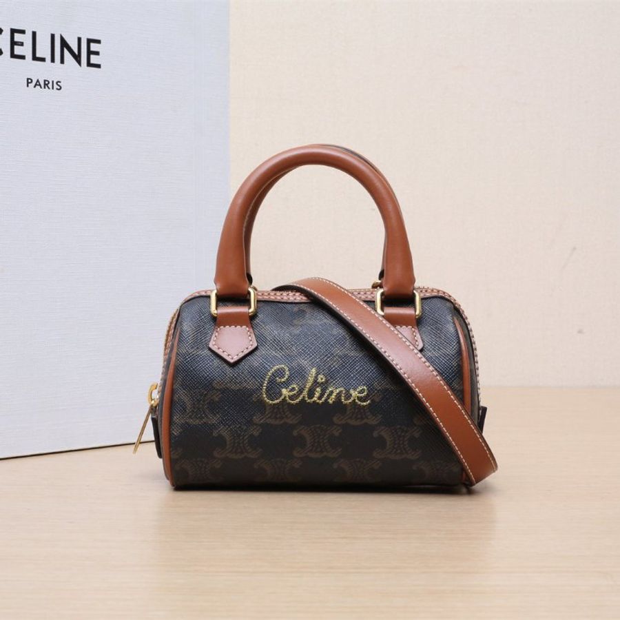 CELINE Triomphe凱旋門標誌印花波士頓包Mini14手寫logo老花PVC金扣肩背包-0