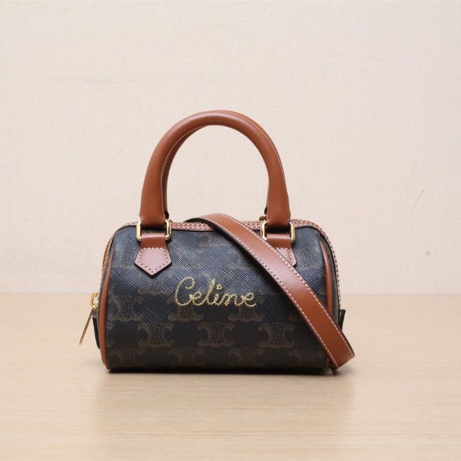 CELINE Triomphe凱旋門標誌印花波士頓包Mini14手寫logo老花PVC金扣肩背包-1