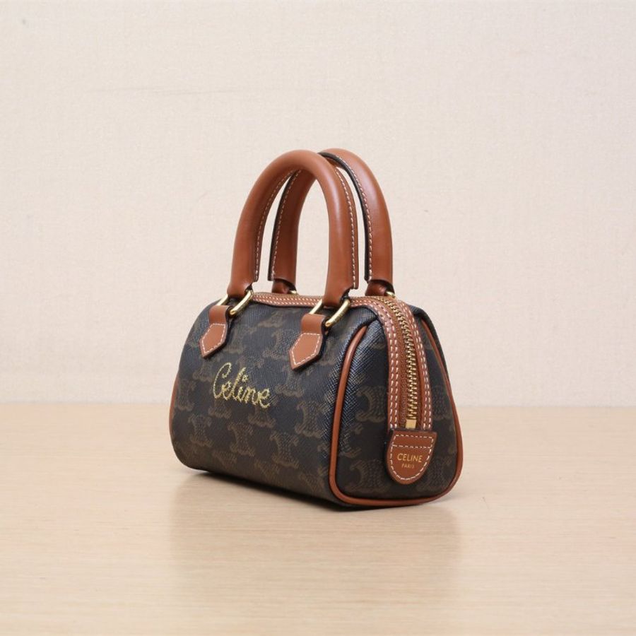 CELINE Triomphe凱旋門標誌印花波士頓包Mini14手寫logo老花PVC金扣肩背包-3