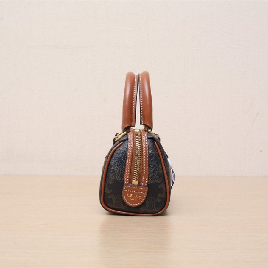 CELINE Triomphe凱旋門標誌印花波士頓包Mini14手寫logo老花PVC金扣肩背包-4