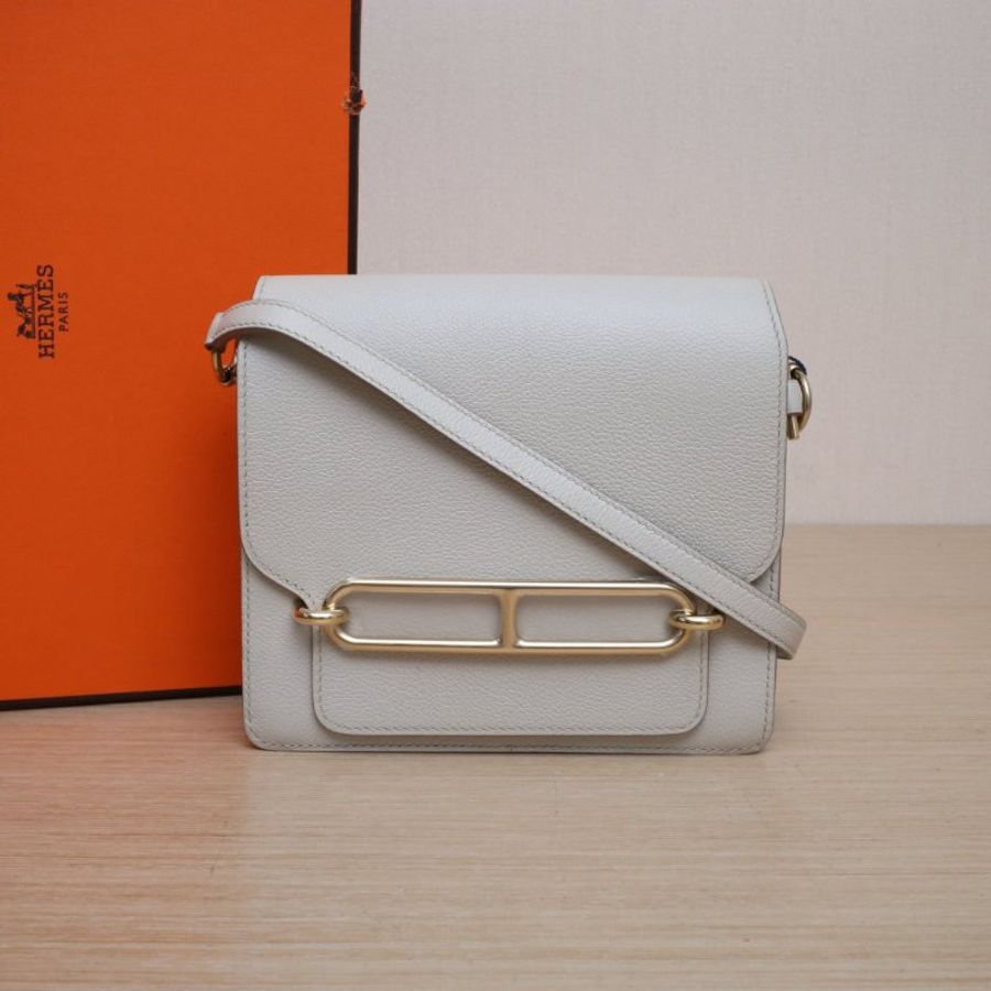HERMES Roulis豬鼻子198L冰川白EC皮D刻金扣肩背包-0
