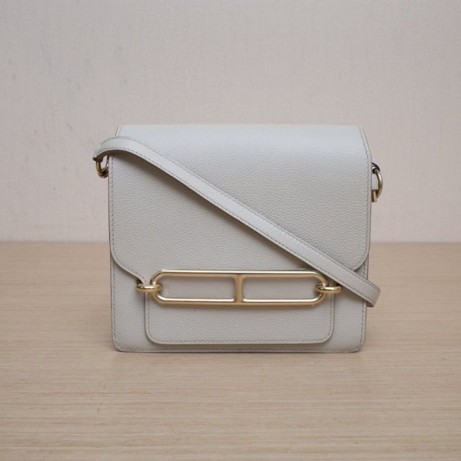 HERMES Roulis豬鼻子198L冰川白EC皮D刻金扣肩背包-1