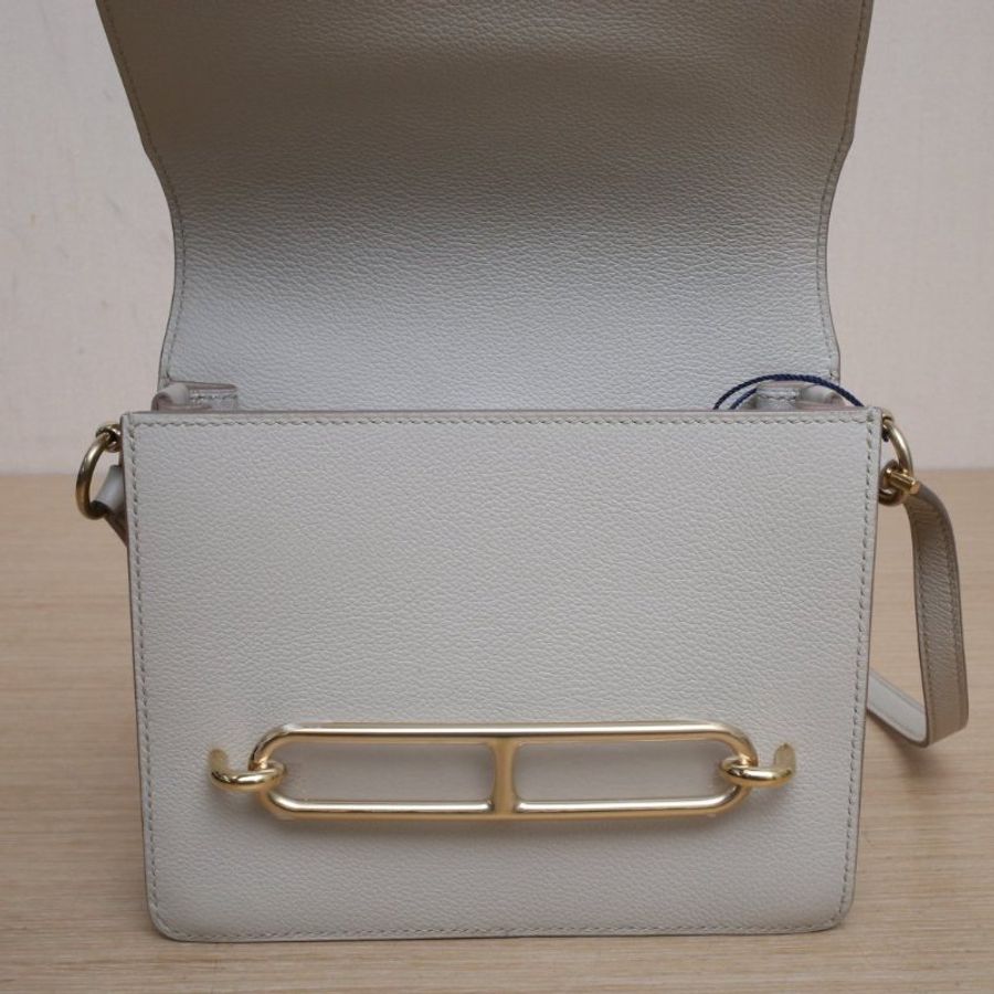 HERMES Roulis豬鼻子198L冰川白EC皮D刻金扣肩背包-2