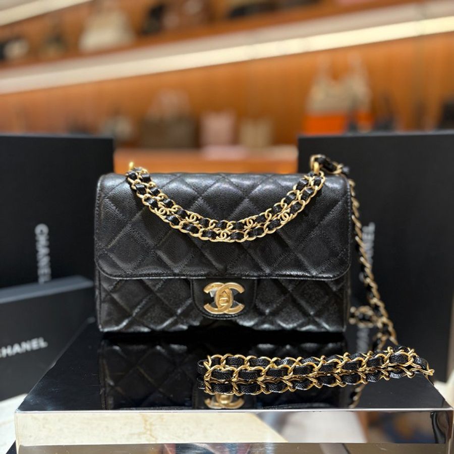 【現貨|快速出貨】CHANEL 25P 黑色魚子醬牛皮雙鏈口蓋包 22cm|經典金鍊|Caviar皮 全新-0