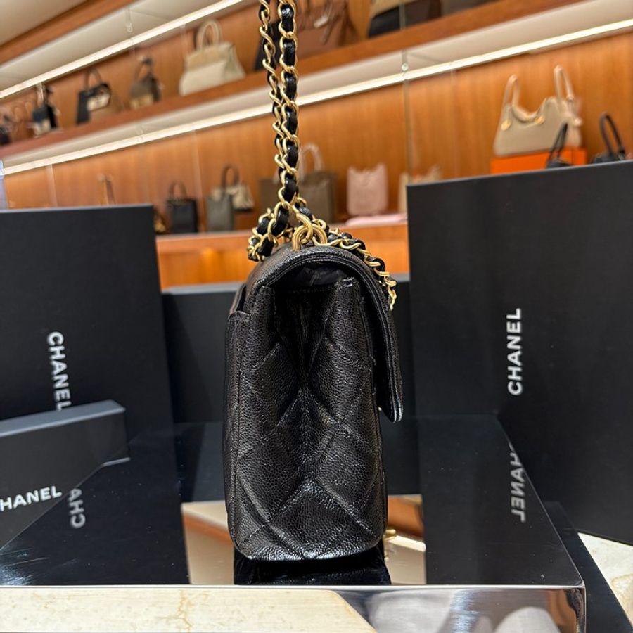 【現貨|快速出貨】CHANEL 25P 黑色魚子醬牛皮雙鏈口蓋包 22cm|經典金鍊|Caviar皮 全新-2