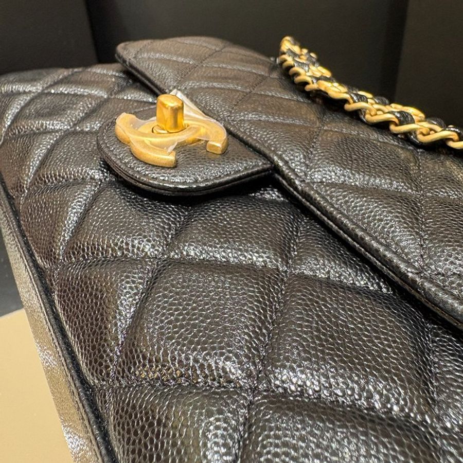 【現貨|快速出貨】CHANEL 25P 黑色魚子醬牛皮雙鏈口蓋包 22cm|經典金鍊|Caviar皮 全新-6
