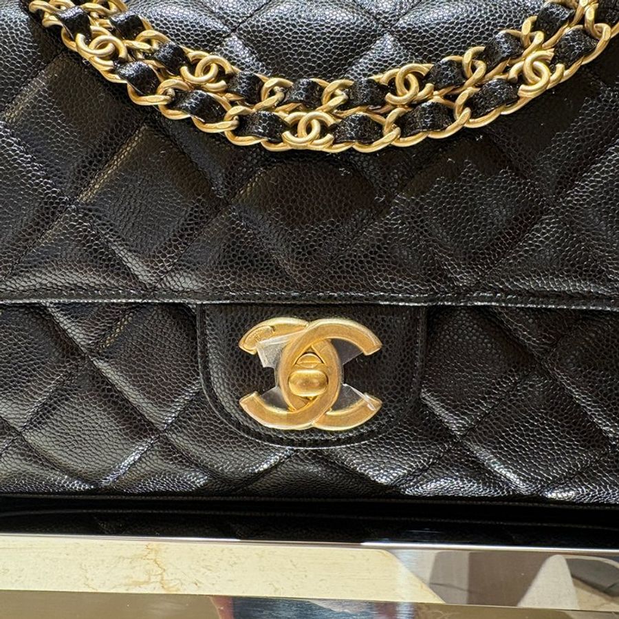 【現貨|快速出貨】CHANEL 25P 黑色魚子醬牛皮雙鏈口蓋包 22cm|經典金鍊|Caviar皮 全新-8