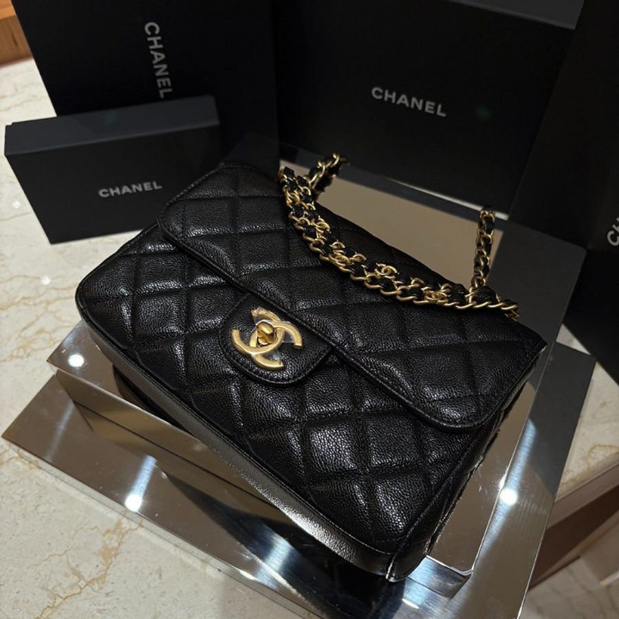 【現貨|快速出貨】CHANEL 25P 黑色魚子醬牛皮雙鏈口蓋包 22cm|經典金鍊|Caviar皮 全新-9