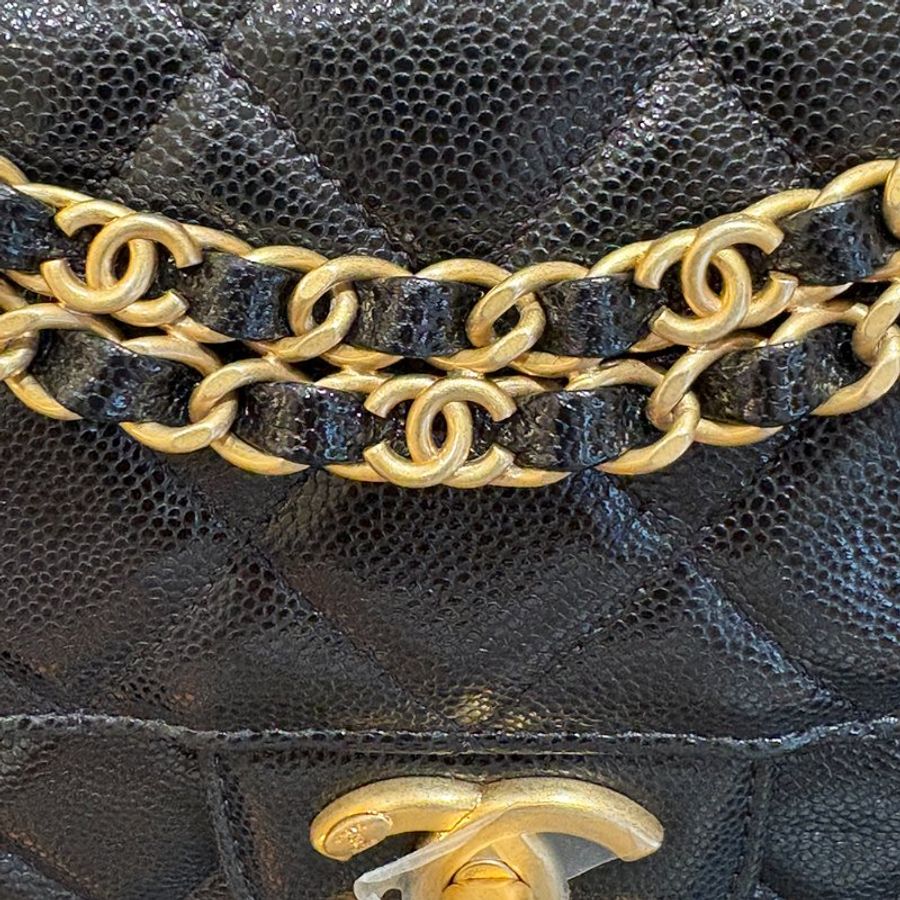 【現貨|快速出貨】CHANEL 25P 黑色魚子醬牛皮雙鏈口蓋包 22cm|經典金鍊|Caviar皮 全新-10