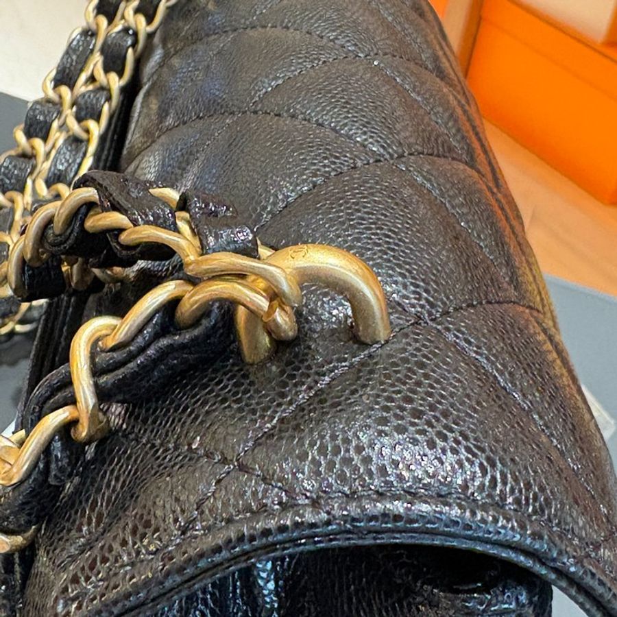 【現貨|快速出貨】CHANEL 25P 黑色魚子醬牛皮雙鏈口蓋包 22cm|經典金鍊|Caviar皮 全新-21