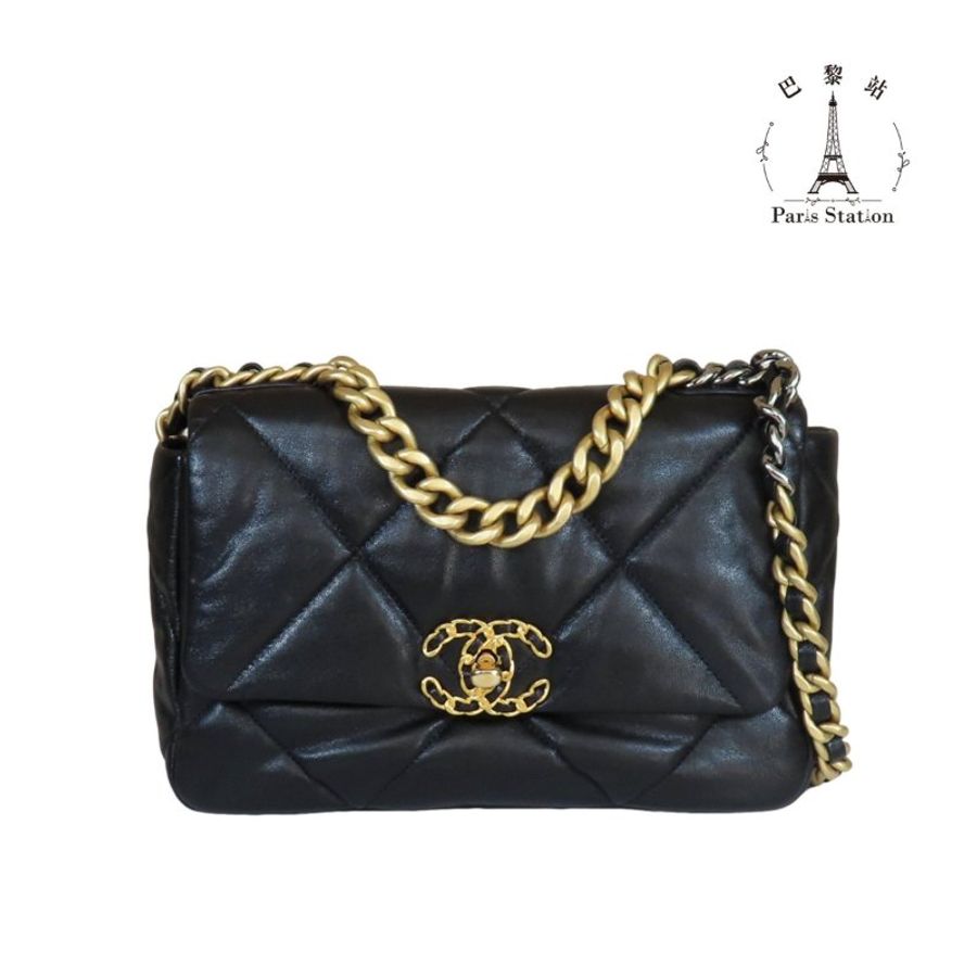 【巴黎站二手名牌專賣店】*現貨*CHANEL 香奈兒 真品*黑色菱格紋羊皮19系列金釦26手提斜背包-0